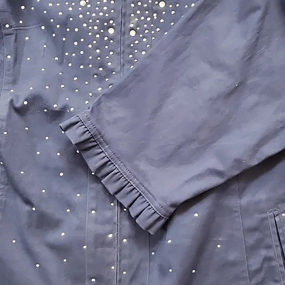 Quacker Factory Sparkle Stretch Embellished Ruffle Navy Blue Jacket - Picture 7 of 13